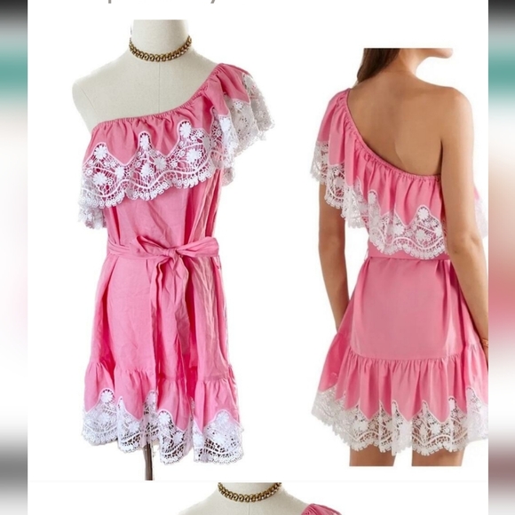 Miguelina “Summer” 100% cotton one shoulder crochet lace trim dress size S small - Picture 2 of 2